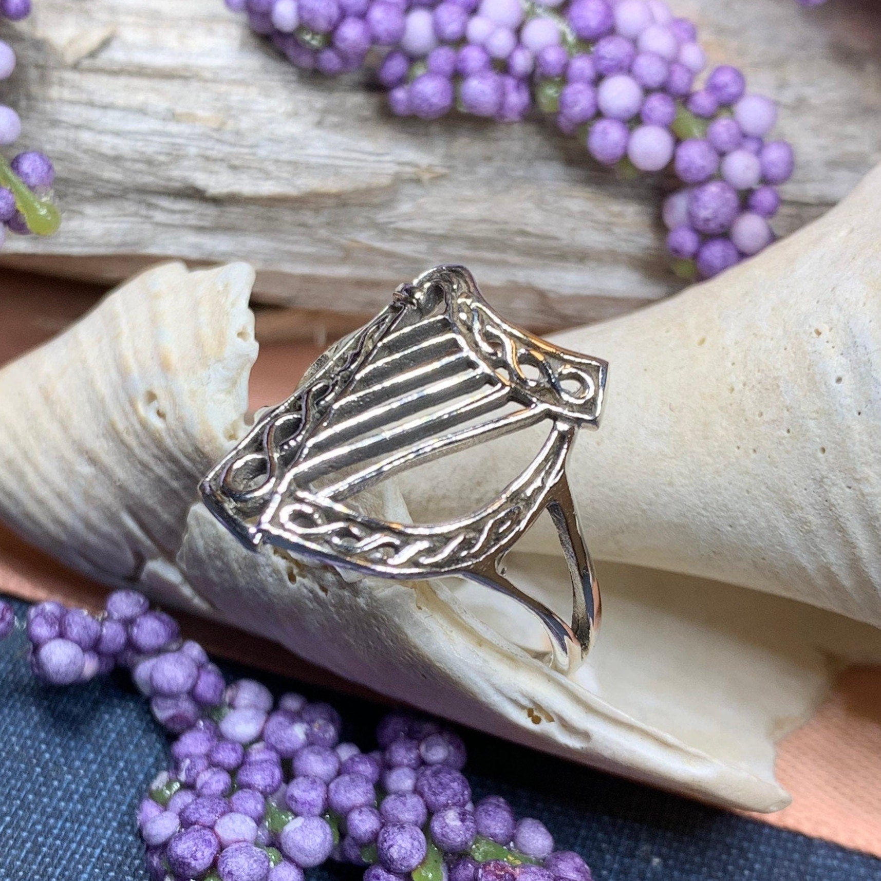 Green Isle Celtic Harp Ring - Irish Ring in Sterling Silver Ring La Vie Bien Green Isle Celtic Harp Ring - Irish Ring in Sterling Silver