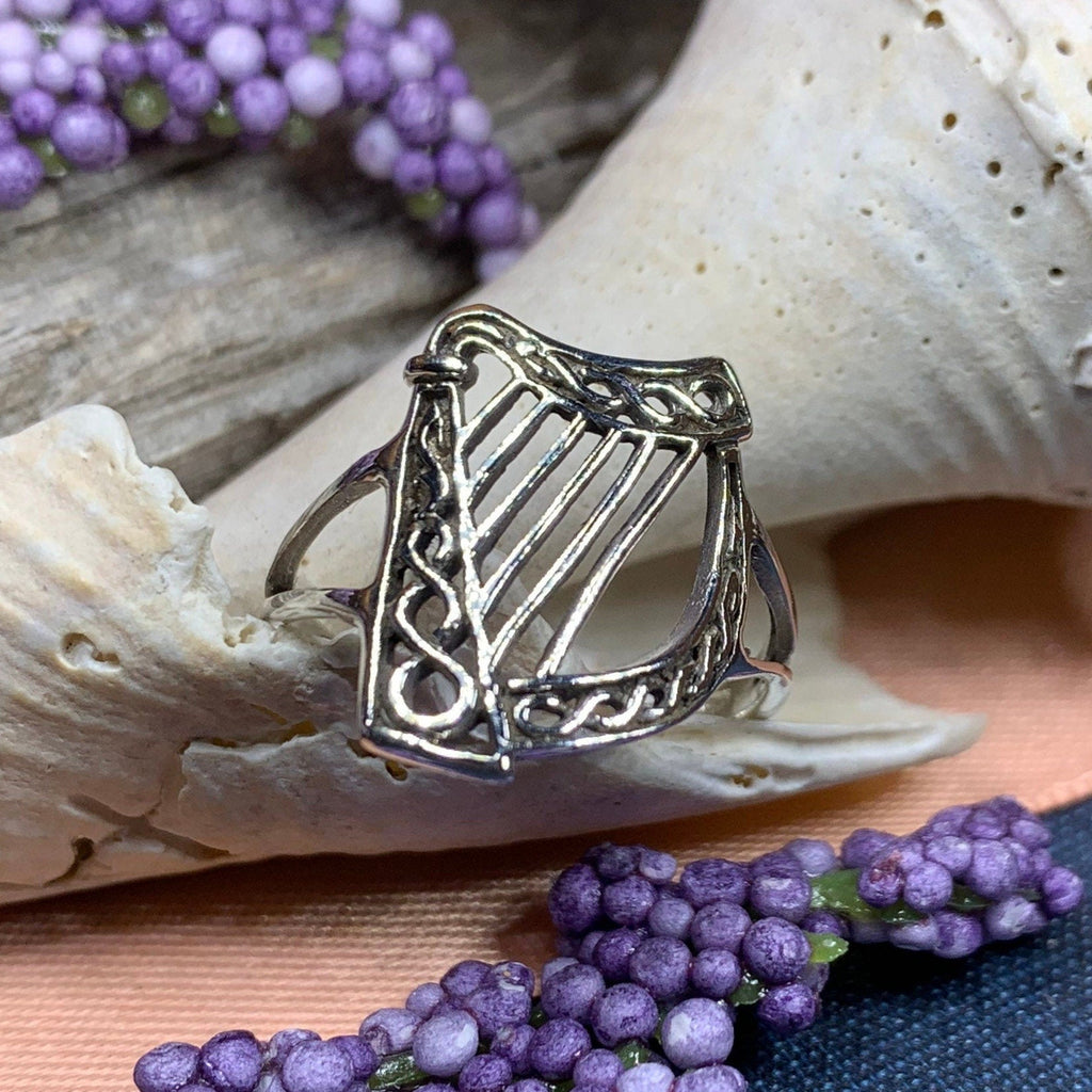 Green Isle Celtic Harp Ring - Irish Ring in Sterling Silver Ring La Vie Bien Green Isle Celtic Harp Ring - Irish Ring in Sterling Silver