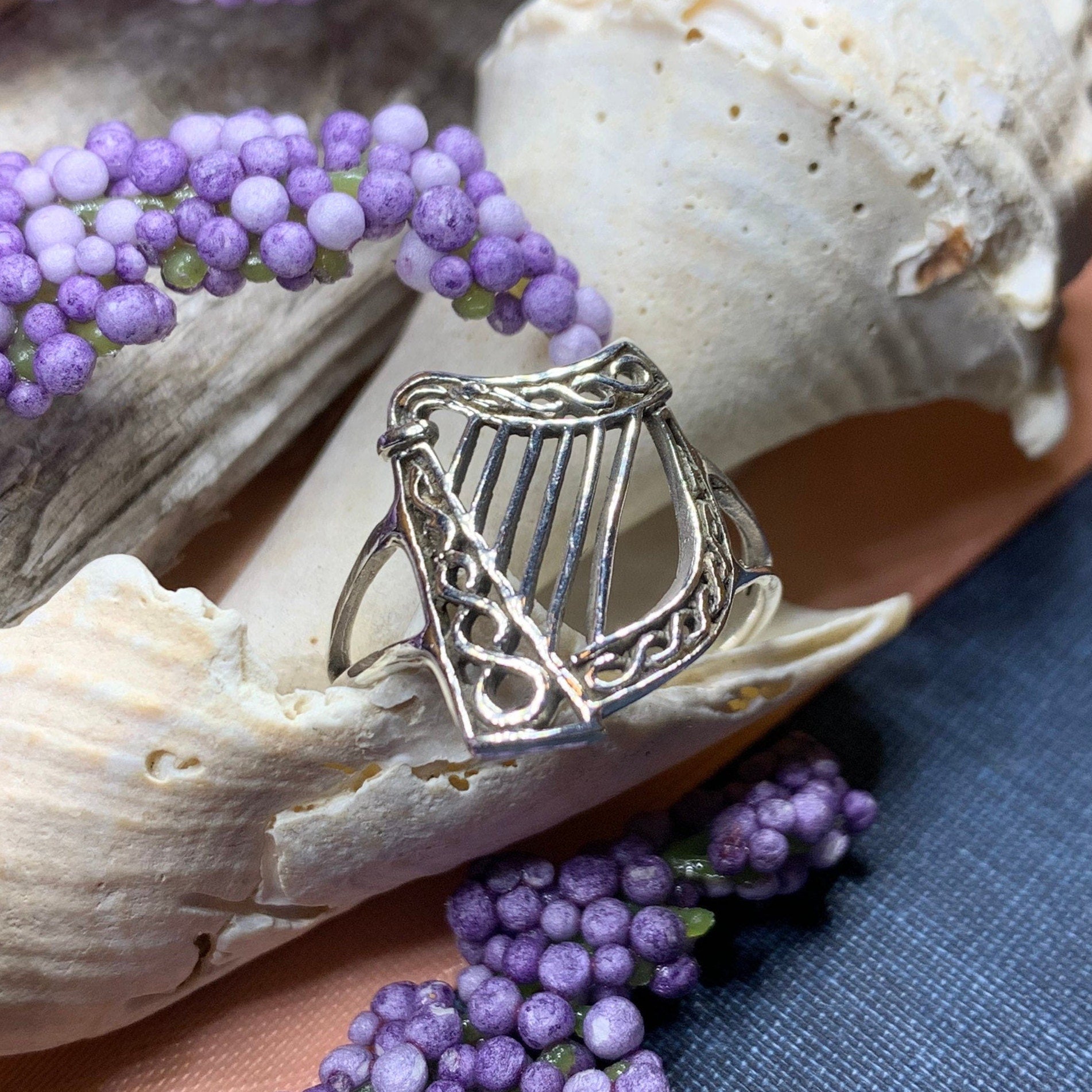 Green Isle Celtic Harp Ring - Irish Ring in Sterling Silver Ring La Vie Bien Green Isle Celtic Harp Ring - Irish Ring in Sterling Silver