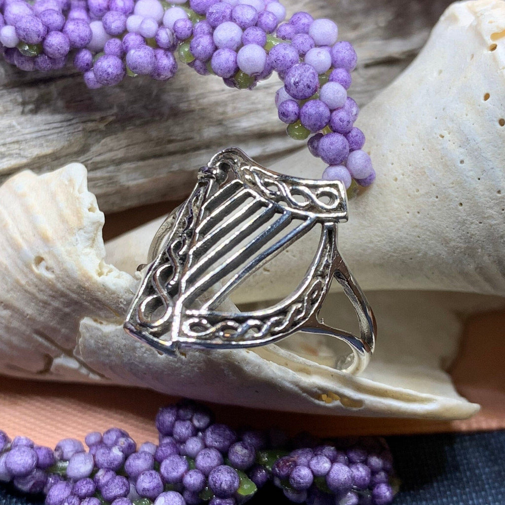 Green Isle Celtic Harp Ring - Irish Ring in Sterling Silver Ring La Vie Bien Green Isle Celtic Harp Ring - Irish Ring in Sterling Silver
