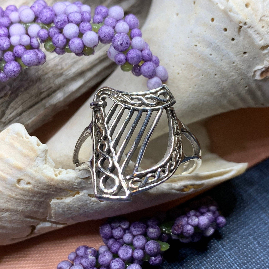 Green Isle Celtic Harp Ring - Irish Ring in Sterling Silver Ring La Vie Bien Green Isle Celtic Harp Ring - Irish Ring in Sterling Silver