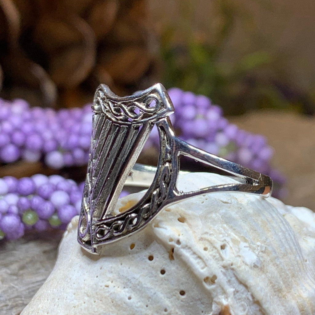 Green Isle Celtic Harp Ring - Irish Ring in Sterling Silver Ring La Vie Bien Green Isle Celtic Harp Ring - Irish Ring in Sterling Silver