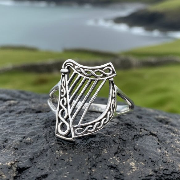 Green Isle Celtic Harp Ring - Irish Ring in Sterling Silver Ring La Vie Bien Green Isle Celtic Harp Ring - Irish Ring in Sterling Silver