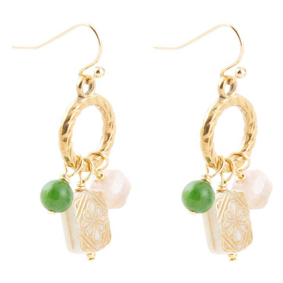 Green Jade and Pink Sunstone Golden Drop Earrings by Barse Jewelry