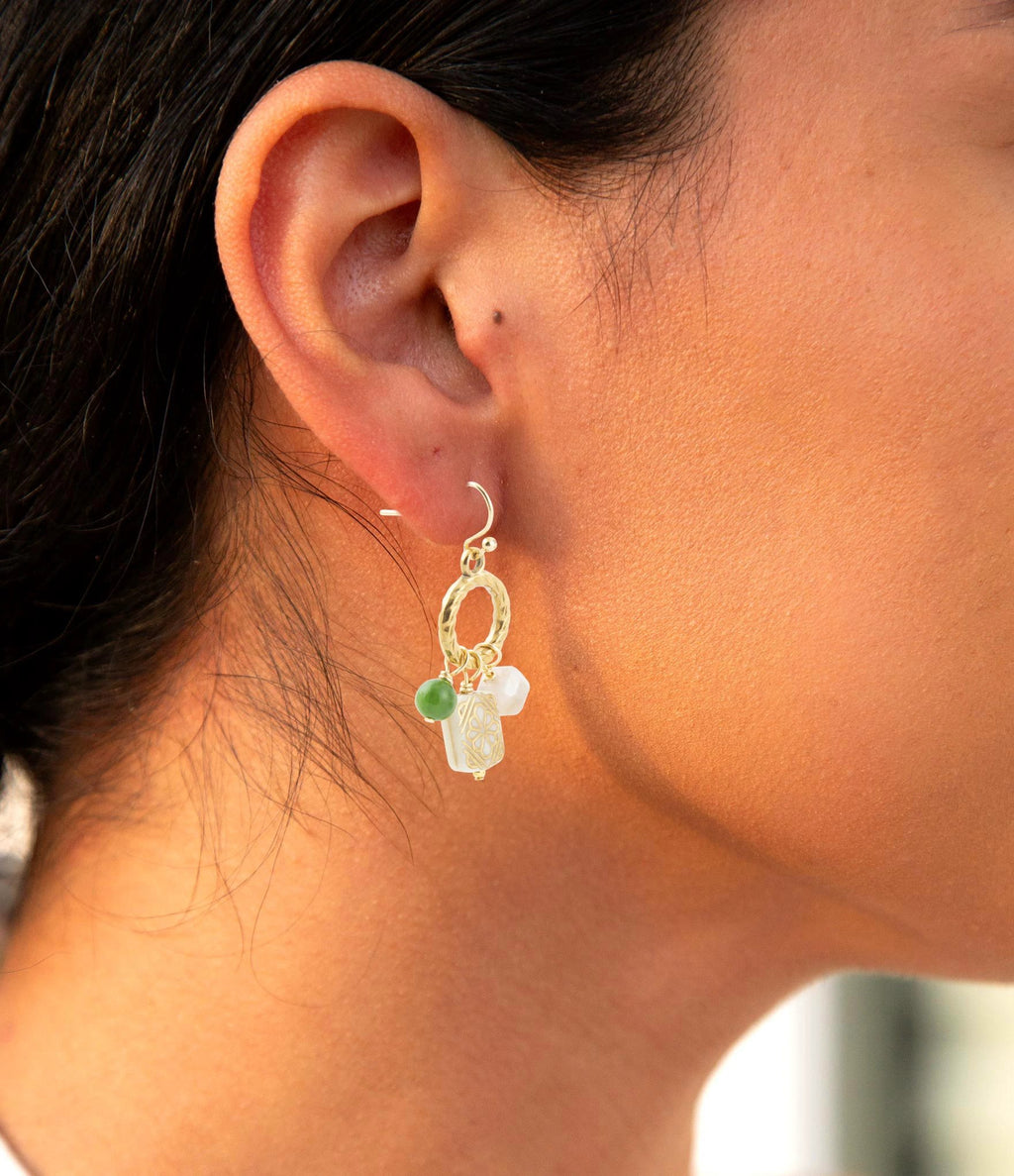 Green Jade and Pink Sunstone Golden Drop Earrings by Barse Jewelry