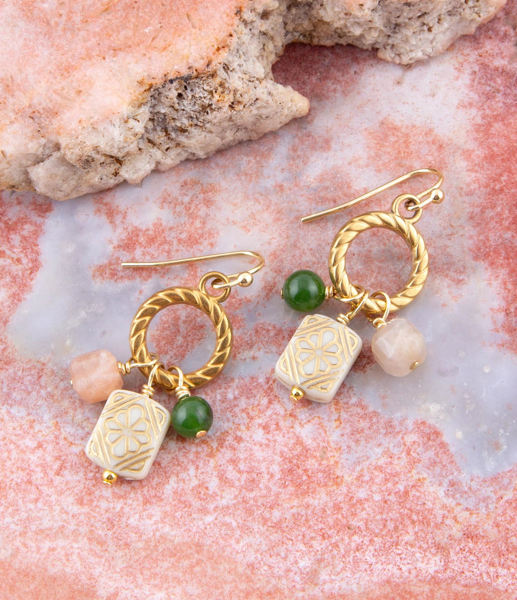 Green Jade and Pink Sunstone Golden Drop Earrings by Barse Jewelry