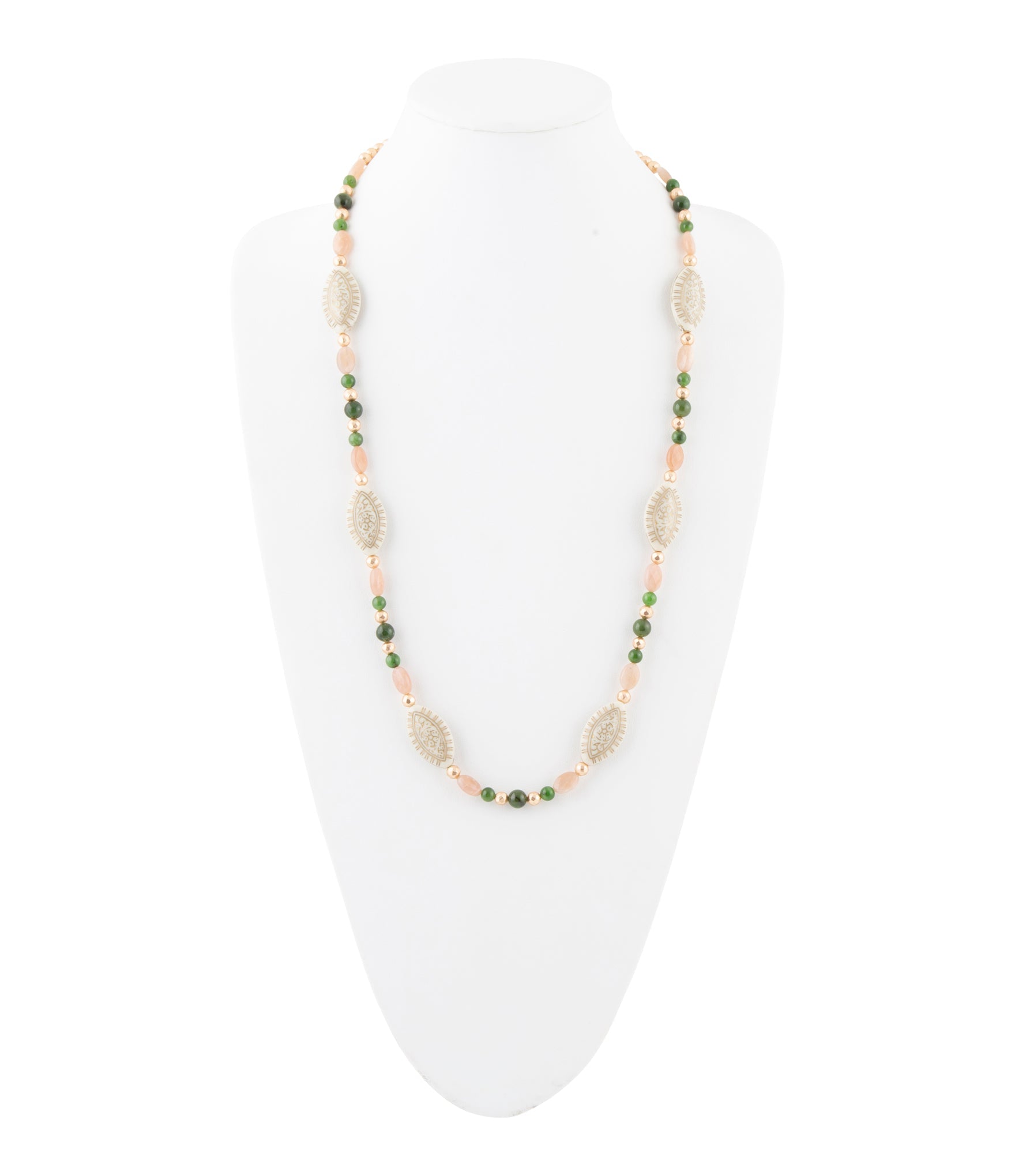 Green Jade and Pink Sunstone Golden Necklace