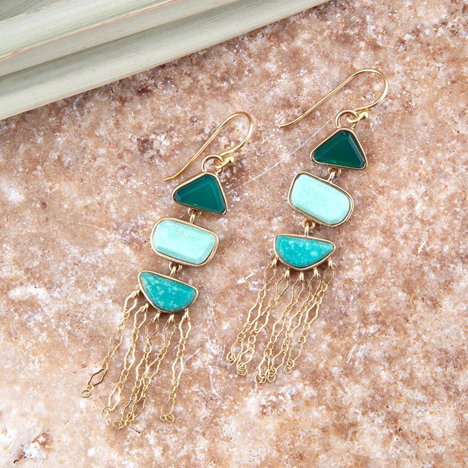 Green Multi Stone Golden Drop Earrings by Barse Jewelry