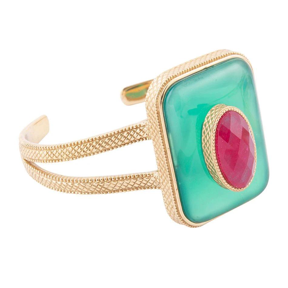 Green Onyx Stacked Red Quartz Golden Cuff Bracelet by Barse Jewelry