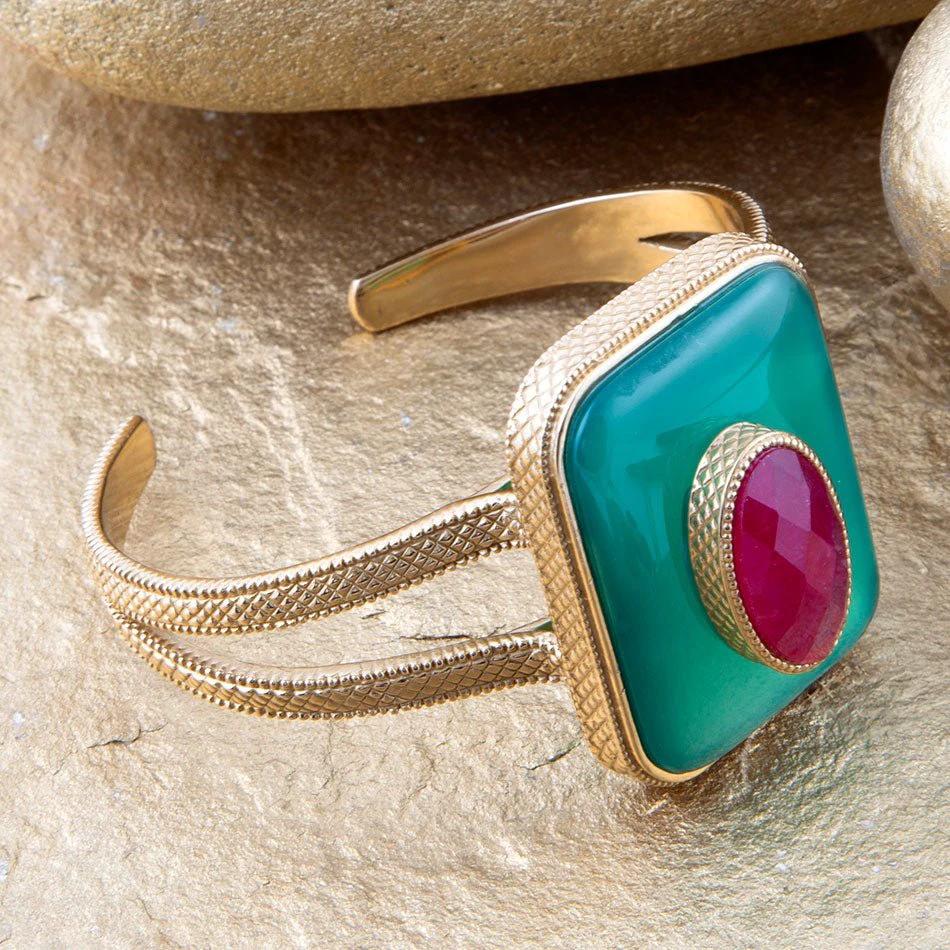 Green Onyx Stacked Red Quartz Golden Cuff Bracelet by Barse Jewelry