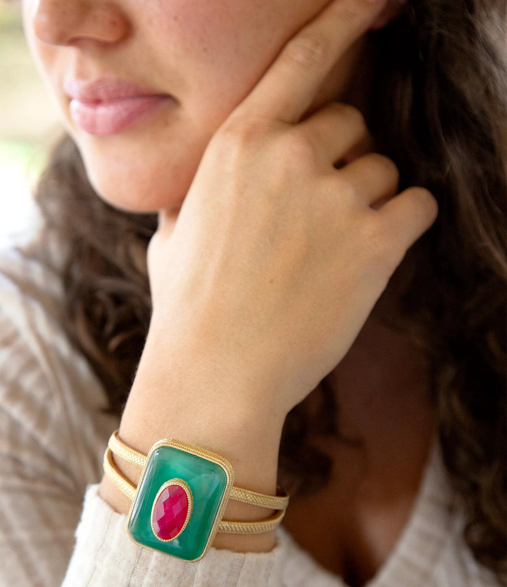 Green Onyx Stacked Red Quartz Golden Cuff Bracelet by Barse Jewelry