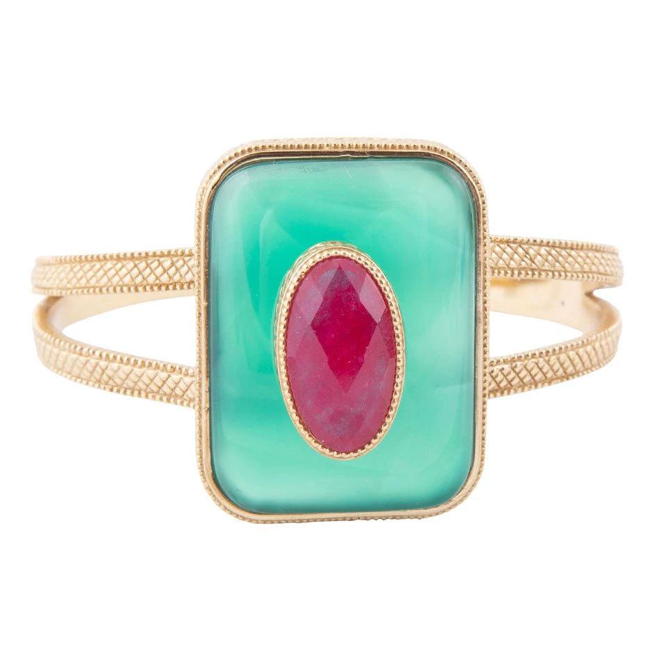 Green Onyx Stacked Red Quartz Golden Cuff Bracelet by Barse Jewelry
