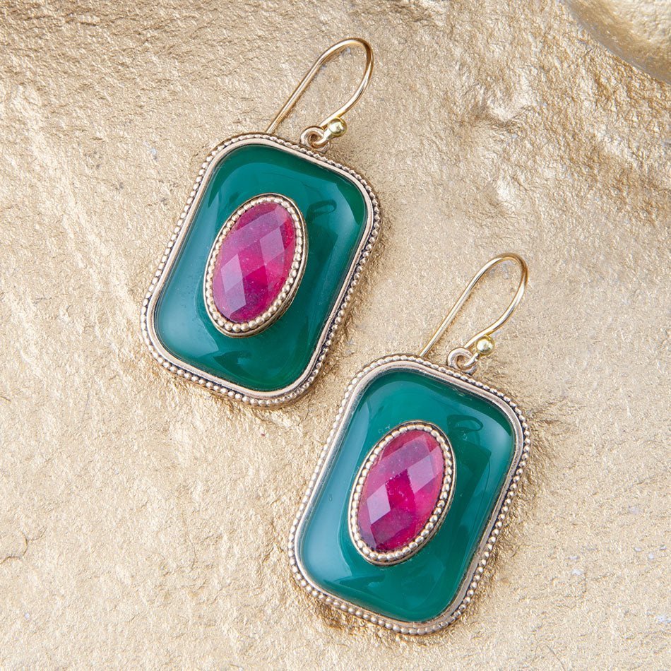 Green Onyx Stacked Red Stone Golden Drop Earrings Earrings La Vie Bien Green Onyx Stacked Red Stone Golden Drop Earrings
