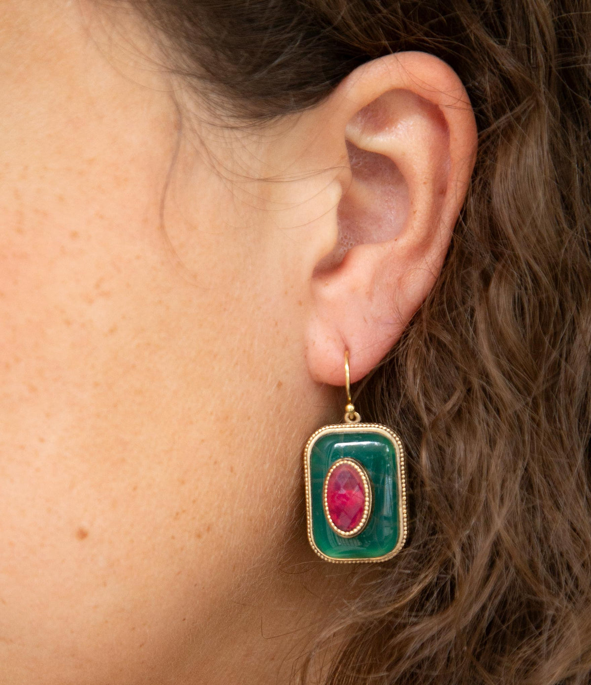 Green Onyx Stacked Red Stone Golden Drop Earrings Earrings La Vie Bien Green Onyx Stacked Red Stone Golden Drop Earrings