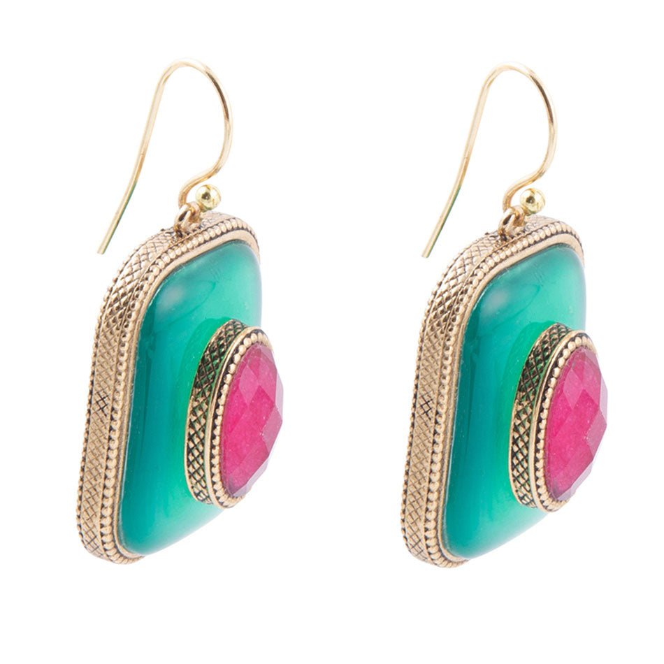 Green Onyx Stacked Red Stone Golden Drop Earrings Earrings La Vie Bien Green Onyx Stacked Red Stone Golden Drop Earrings