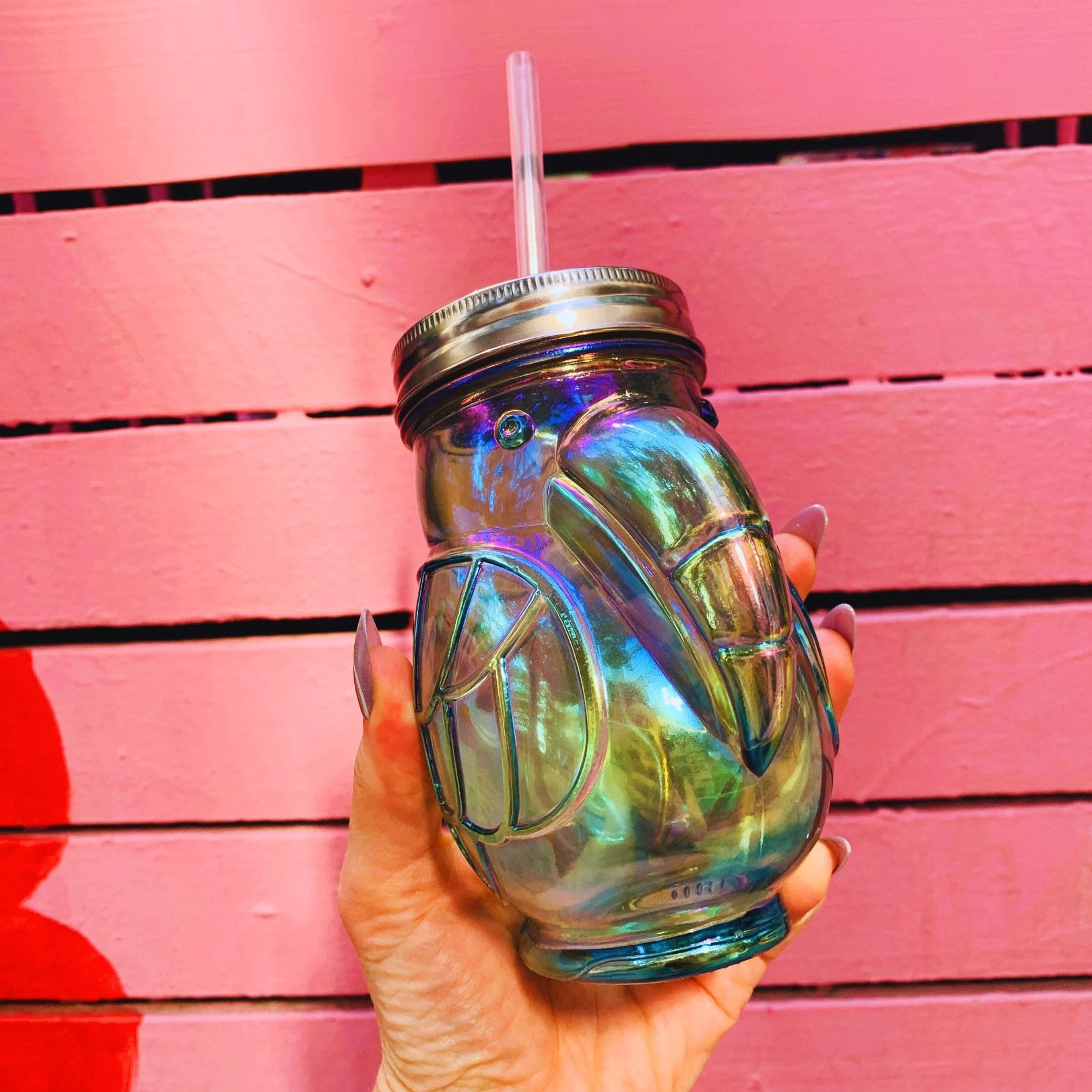 Green Toucan Shaped Sipper | Iridescent Glass| Wine or Cocktail Glass with Straw for Indoors or Outdoors by The Bullish Store
