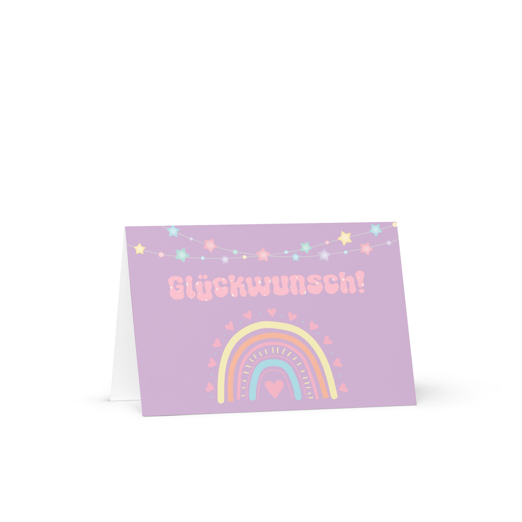 German greeting card with purple background featuring "Glückwunsch!" text in pink bubble letters, decorated with a pastel rainbow, colorful star garland, and small heart details