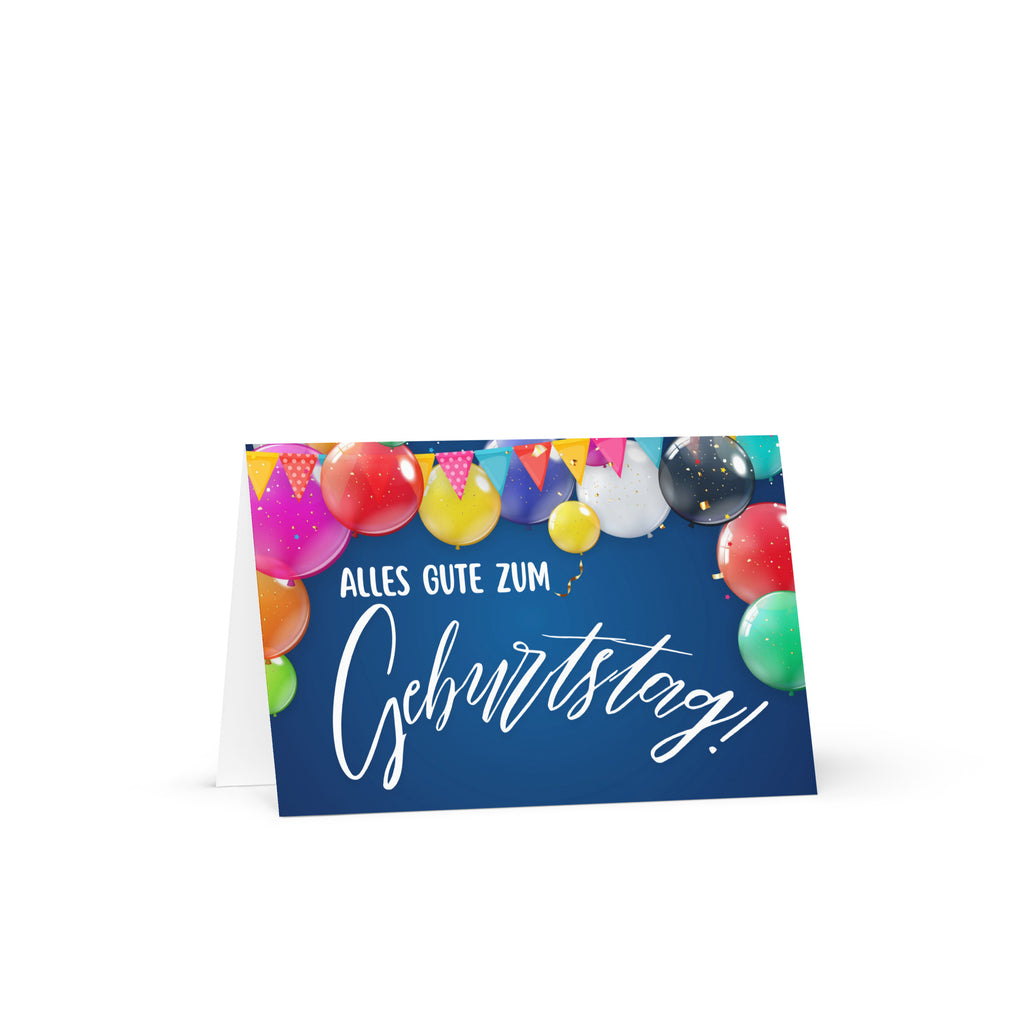 German birthday greeting card featuring "Alles Gute zum Geburtstag" text in white script on navy blue background, decorated with colorful balloons in pink, red, yellow, green, and blue, along with festive bunting banners and confetti