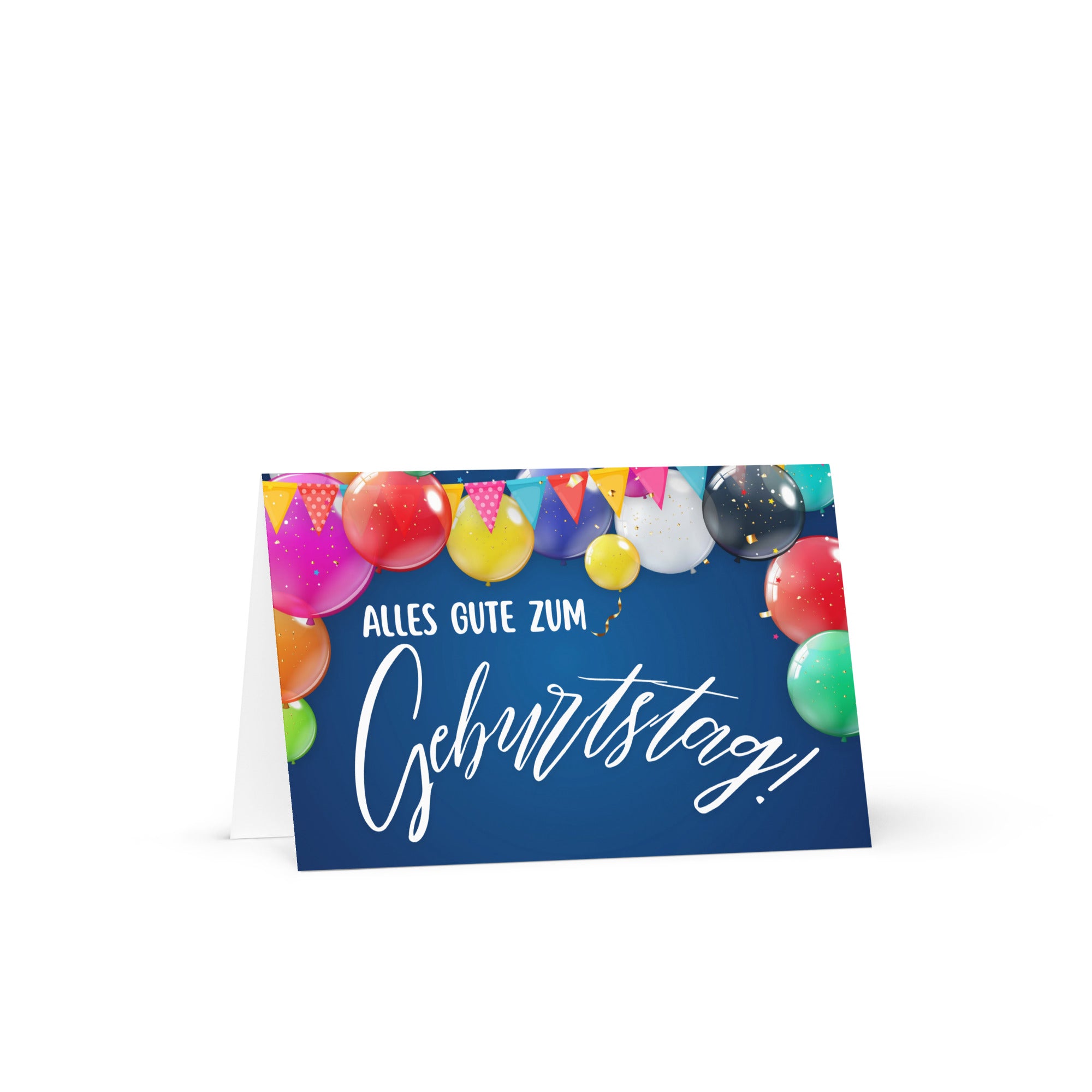 German birthday greeting card featuring "Alles Gute zum Geburtstag" text in white script on navy blue background, decorated with colorful balloons in pink, red, yellow, green, and blue, along with festive bunting banners and confetti