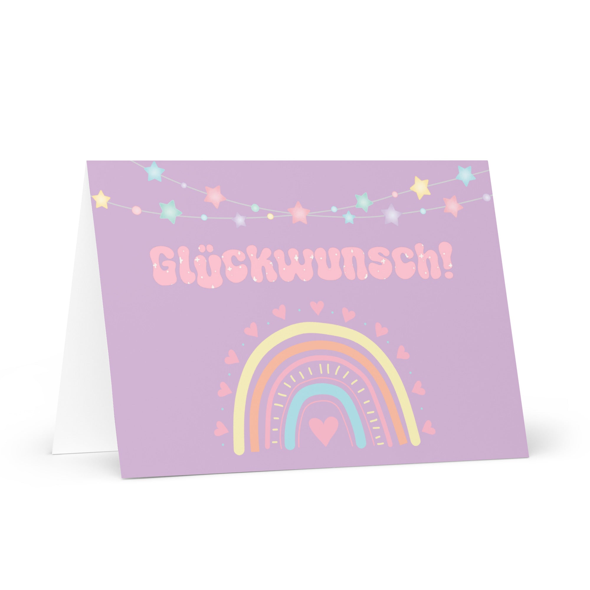 German greeting card with purple background featuring "Glückwunsch!" text in pink bubble letters, decorated with a pastel rainbow, colorful star garland, and small heart details