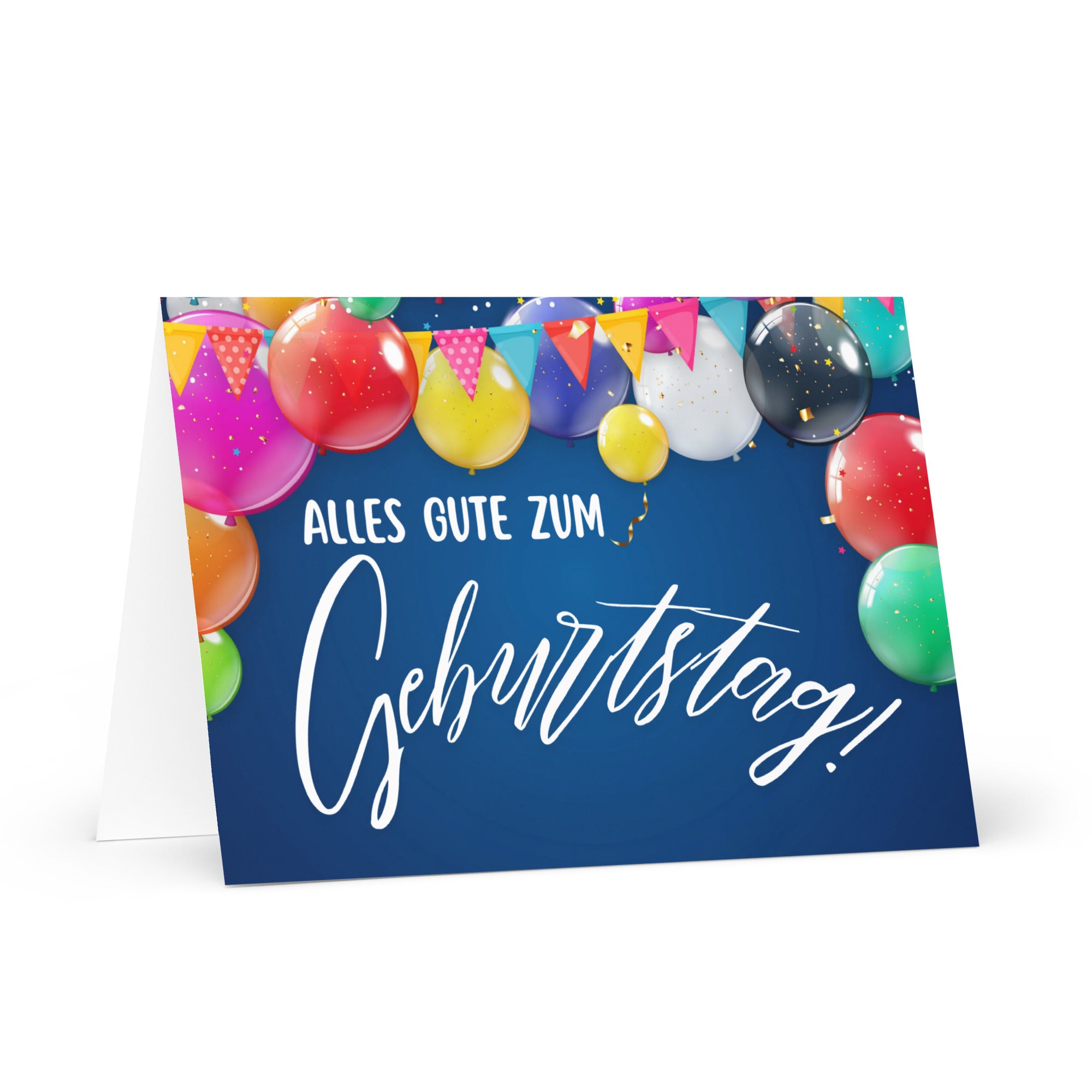 German birthday greeting card featuring "Alles Gute zum Geburtstag" text in white script on navy blue background, decorated with colorful balloons in pink, red, yellow, green, and blue, along with festive bunting banners and confetti