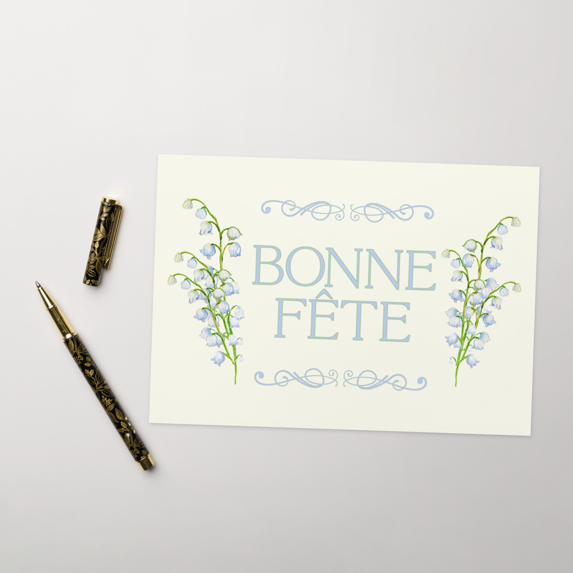 Bonne fête name day Greeting card, elegant floral design, blank inside with envelope