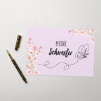 Meine Schwester German sister Greeting card, pink floral butterfly card for German family, blank with envelope