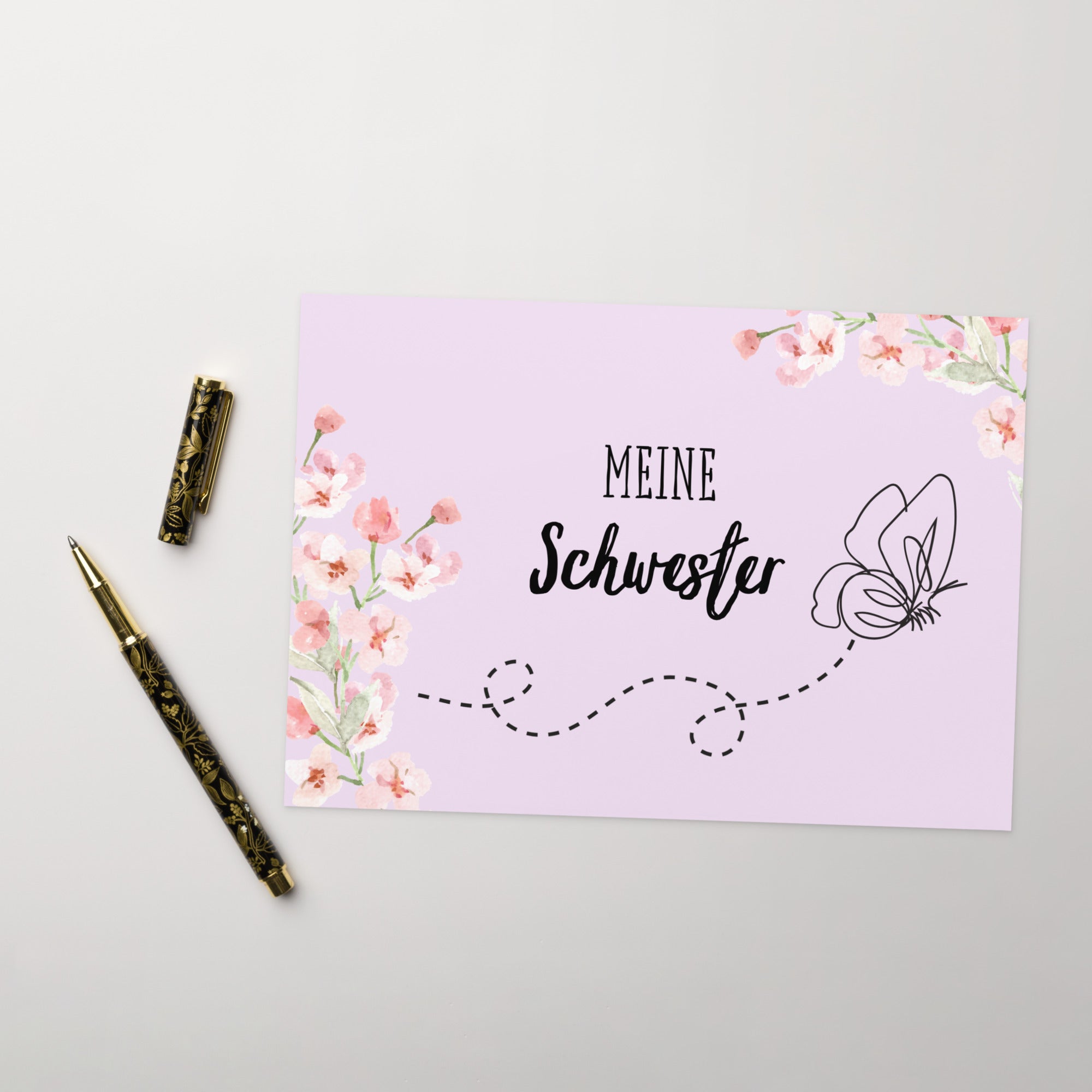 Meine Schwester German sister Greeting card, pink floral butterfly card for German family, blank with envelope