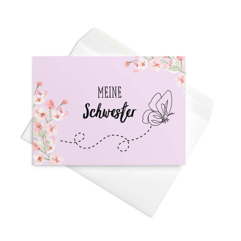 Meine Schwester German sister Greeting card, pink floral butterfly card for German family, blank with envelope