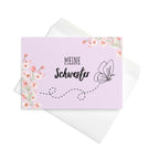 Meine Schwester German sister Greeting card, pink floral butterfly card for German family, blank with envelope