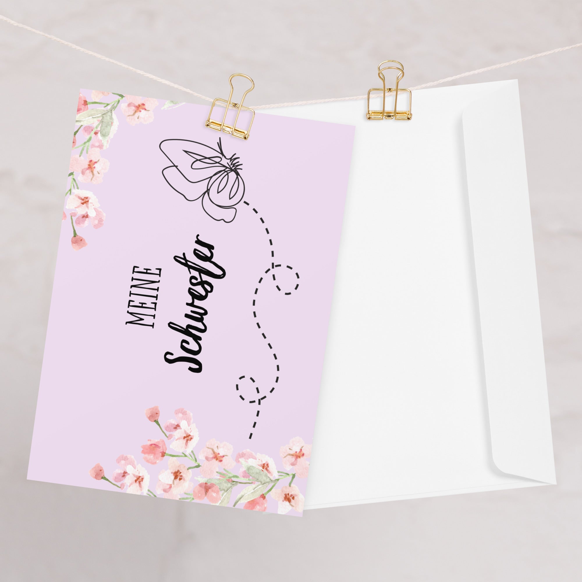 Meine Schwester German sister Greeting card, pink floral butterfly card for German family, blank with envelope