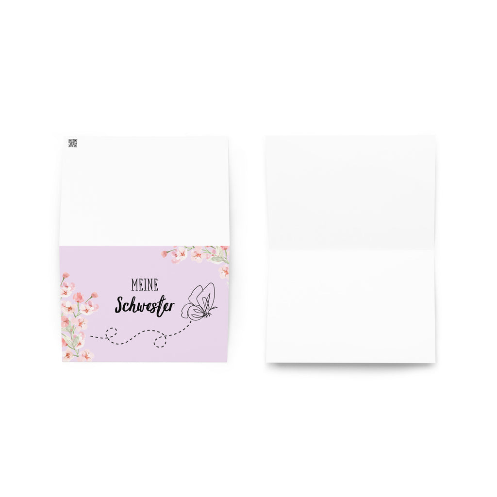 Meine Schwester German sister Greeting card, pink floral butterfly card for German family, blank with envelope