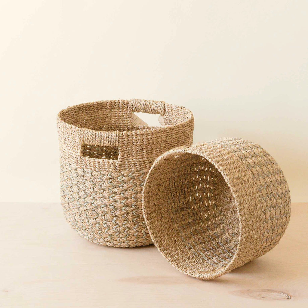Grey + Natural Round Bottom Baskets, set of 2 - Woven Baskets | LIKHÂ by LIKHÂ