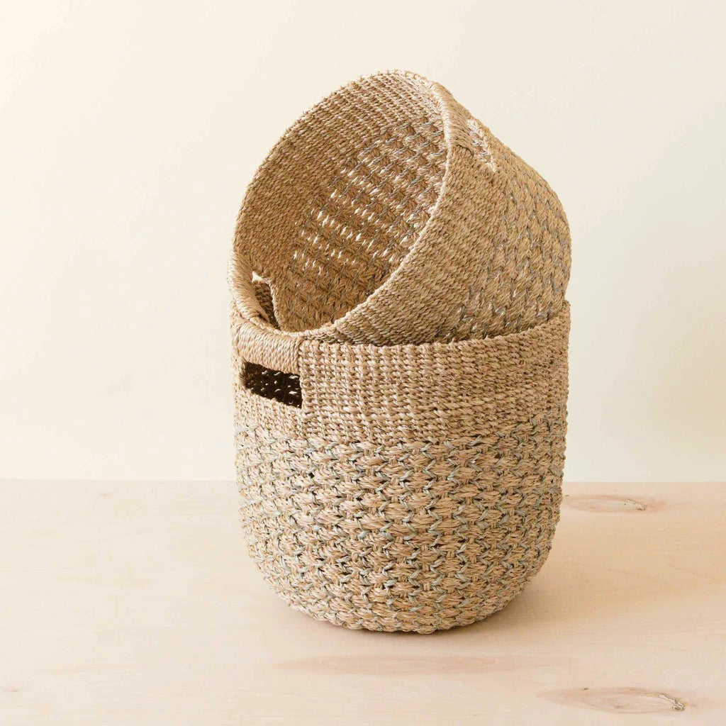 Grey + Natural Round Bottom Baskets, set of 2 - Woven Baskets | LIKHÂ by LIKHÂ