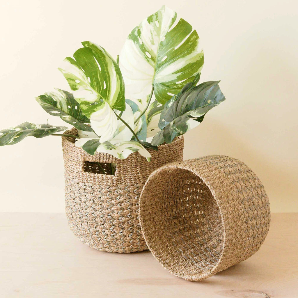 Grey + Natural Round Bottom Baskets, set of 2 - Woven Baskets | LIKHÂ by LIKHÂ