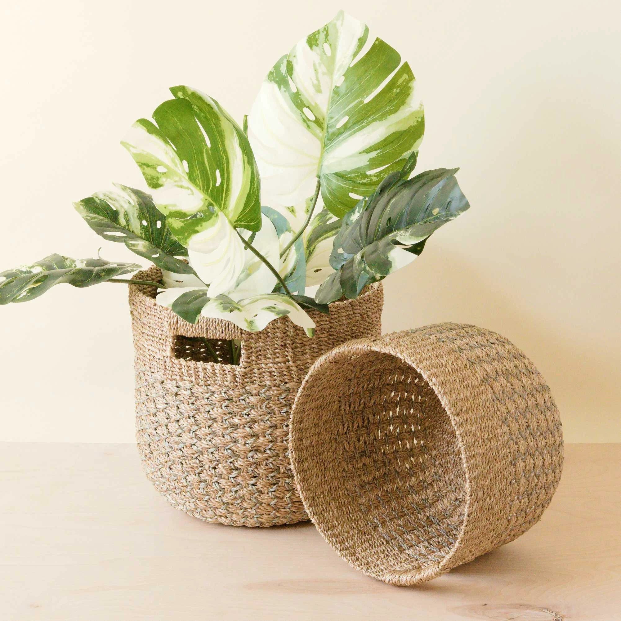 Grey + Natural Round Bottom Baskets, set of 2 - Woven Baskets | LIKHÂ by LIKHÂ