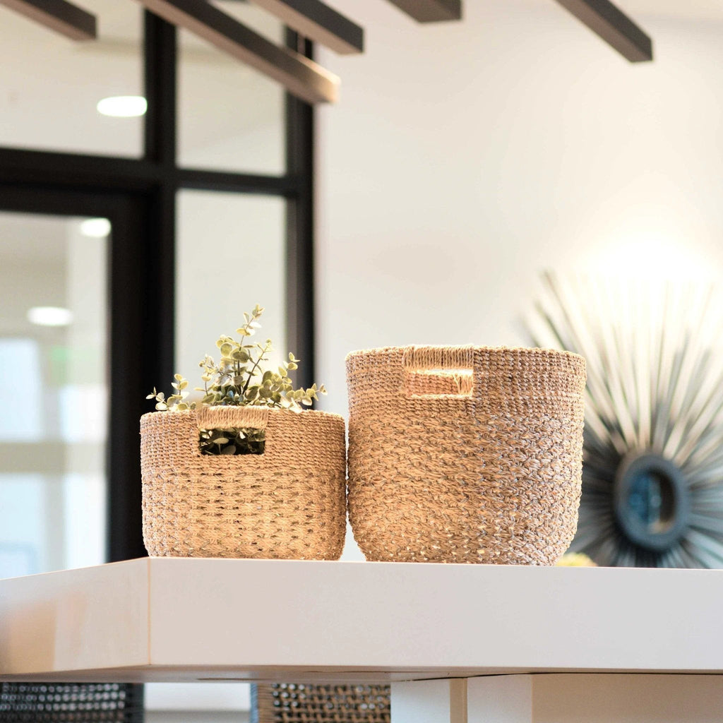 Grey + Natural Round Bottom Baskets, set of 2 - Woven Baskets | LIKHÂ by LIKHÂ