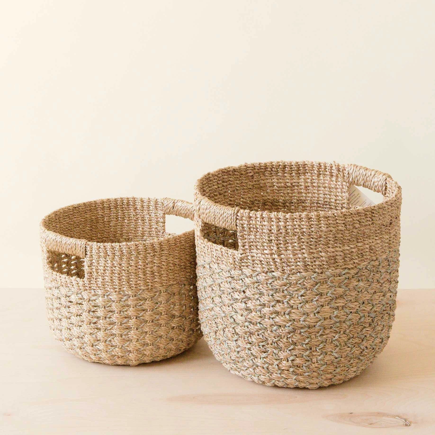 Grey + Natural Round Bottom Baskets, set of 2 - Woven Baskets | LIKHÂ by LIKHÂ