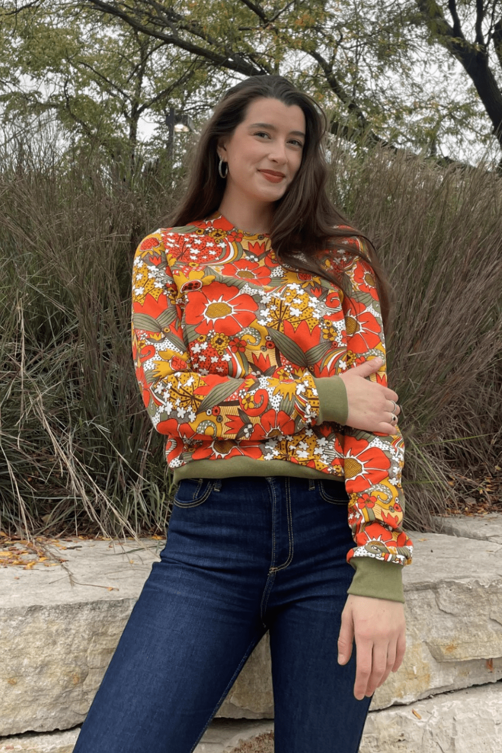 Groovy Floral Pullover in Olive & Orange Sweatshirt La Vie Bien Groovy Floral Pullover in Olive & Orange