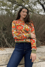 Groovy Floral Pullover in Olive & Orange Sweatshirt La Vie Bien Groovy Floral Pullover in Olive & Orange