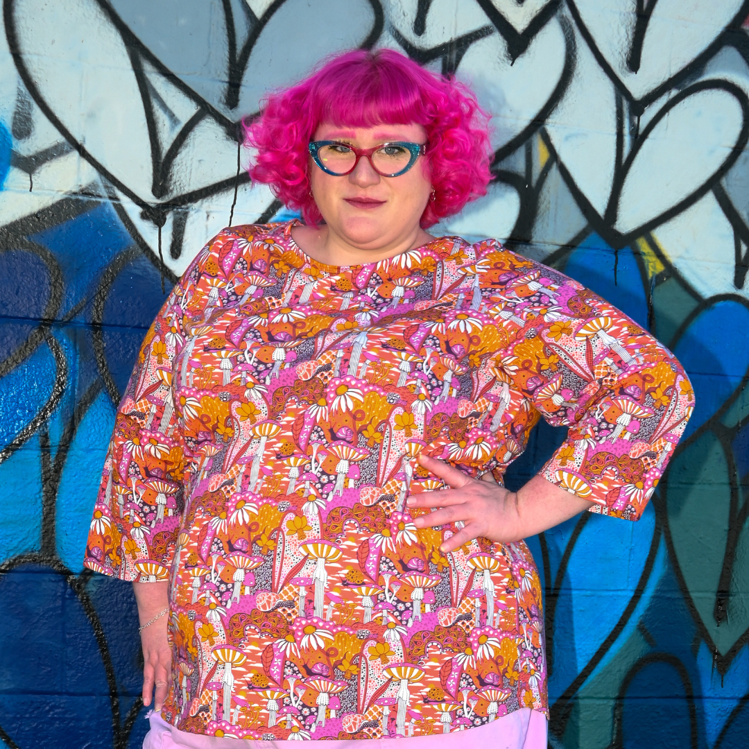 Groovy Mushroom 3/4 Sleeve Tee in Sunset Allover print tee La Vie Bien Groovy Mushroom 3/4 Sleeve Tee in Sunset