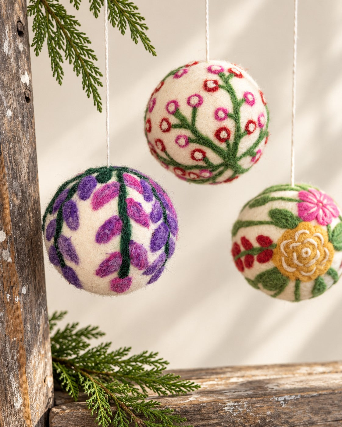 Hand Felted Wool Ball Ornament - Berry Spray