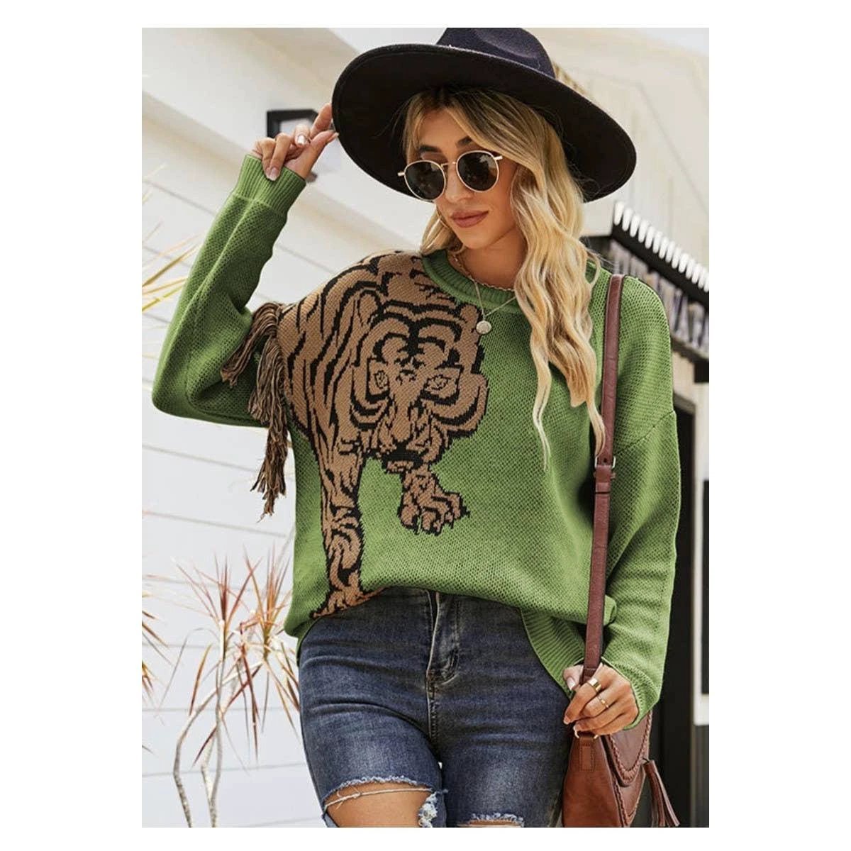 Grrr! Fringed Tiger Sweater in Green or Red [Sizes M-XL] by The Bullish Store