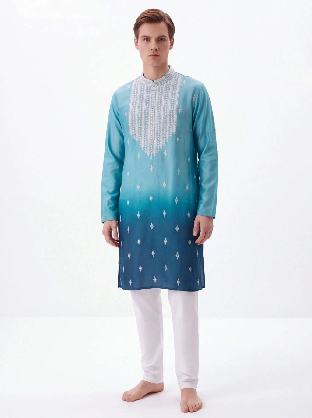 2074 - Blue silk kurta with white pajama