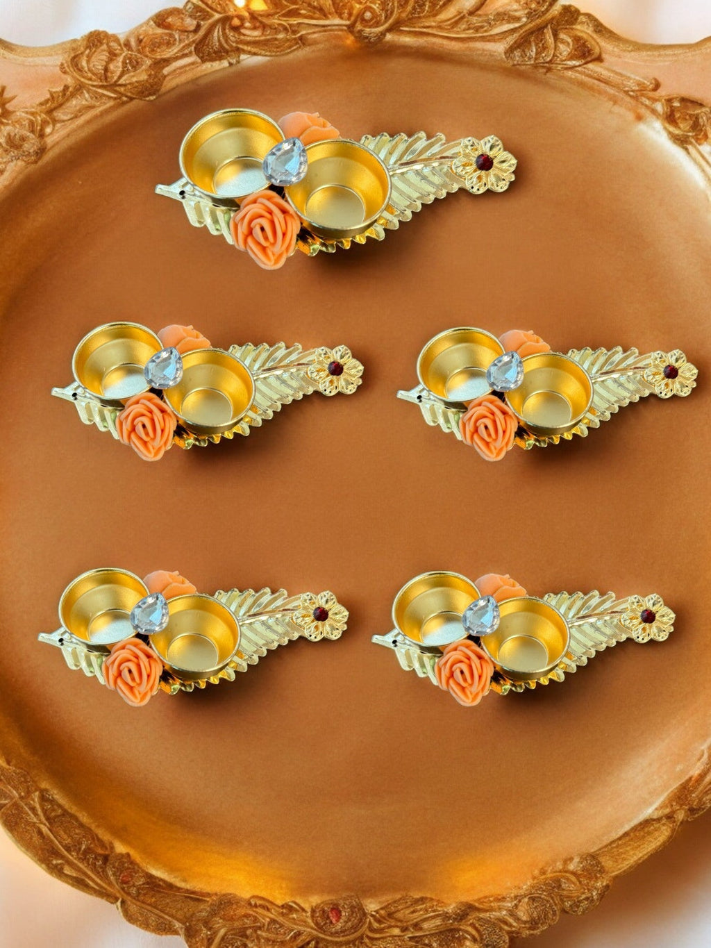 Haldi Kumkum Plate with Feather & Flower, Set of 5 Traditional Gifts La Vie Bien Haldi Kumkum Plate with Feather & Flower, Set of 5
