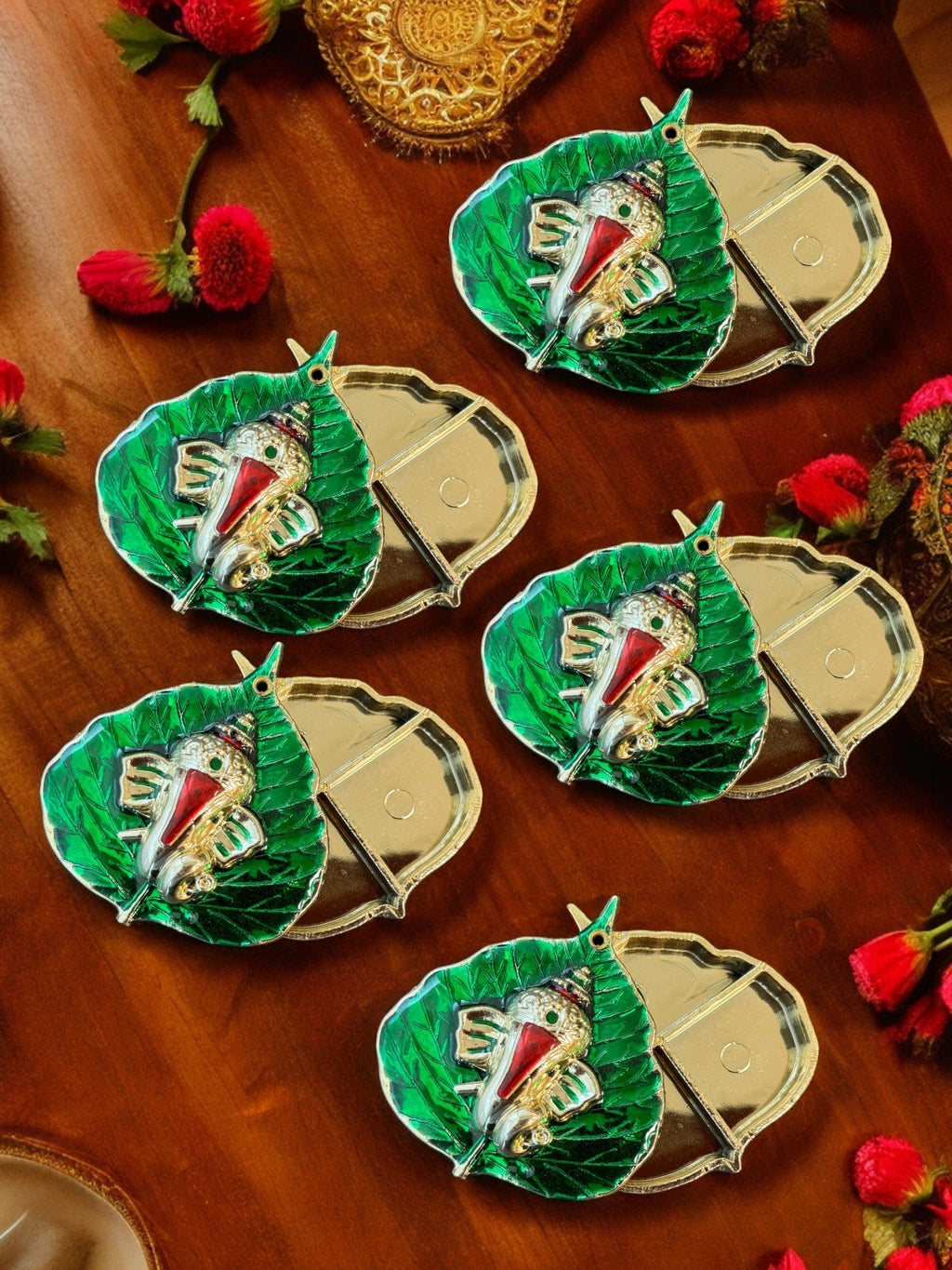 Haldi Kumkum Plate with Ganesha & Leaf, Set of 5 Traditional Gifts La Vie Bien Haldi Kumkum Plate with Ganesha & Leaf, Set of 5