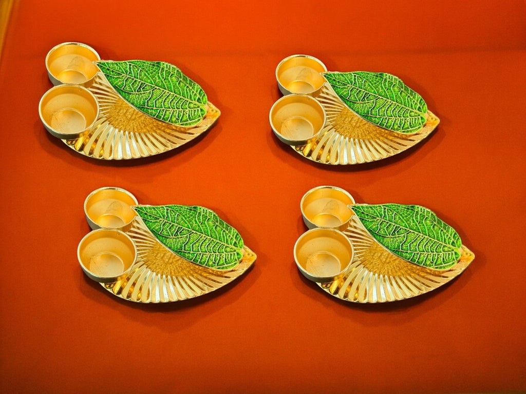 Haldi Kumkum Plate with Leaf, Set of 4 Traditional Gifts La Vie Bien Haldi Kumkum Plate with Leaf, Set of 4