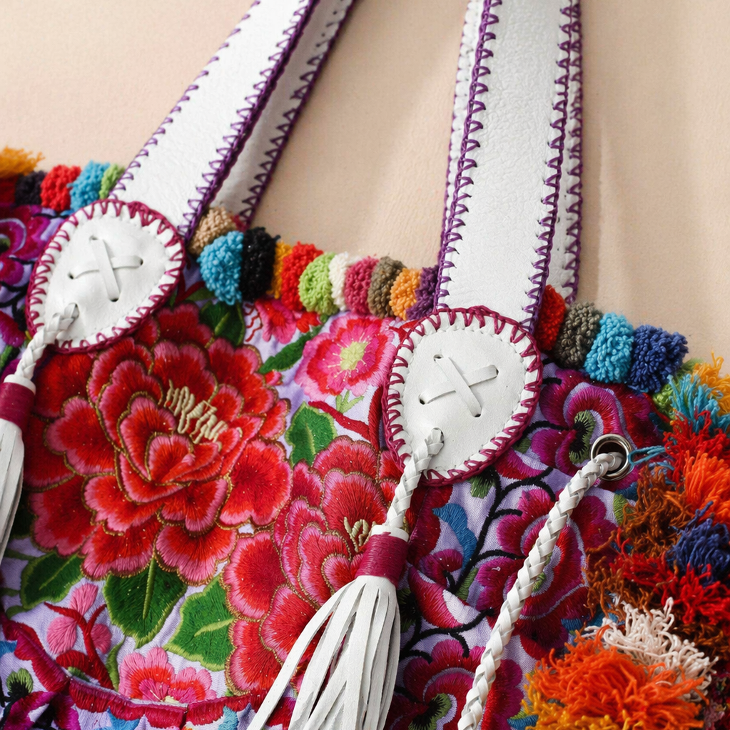 Half - moon Ibiza Bag Pom Pom Trimmed XL - Thailand Bags La Vie Bien Half - moon Ibiza Bag Pom Pom Trimmed XL - Thailand