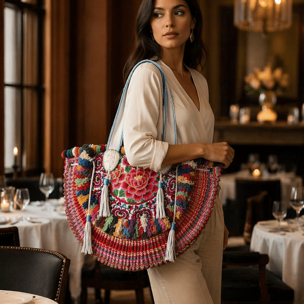 Half - moon Ibiza Bag Pom Pom Trimmed XL - Thailand Bags La Vie Bien Half - moon Ibiza Bag Pom Pom Trimmed XL - Thailand