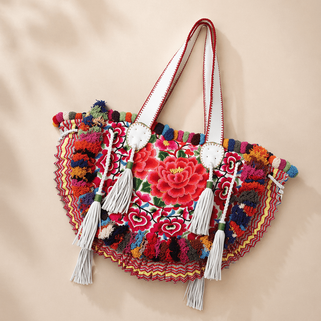 Half - moon Ibiza Bag Pom Pom Trimmed XL - Thailand Bags La Vie Bien Half - moon Ibiza Bag Pom Pom Trimmed XL - Thailand